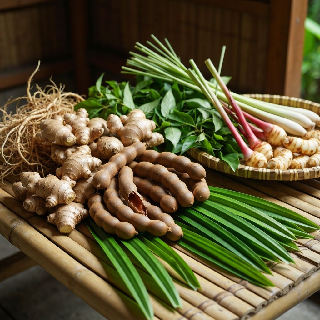 Tropical ingredients including ginger, tamarind, and pandan leaves on bamboo